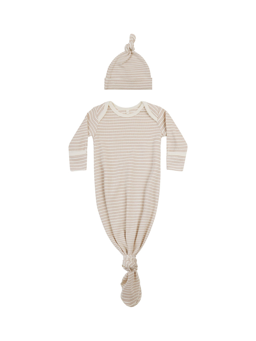 Quincy Mae Knotted BabyGown + Hat Set Oat Stripe