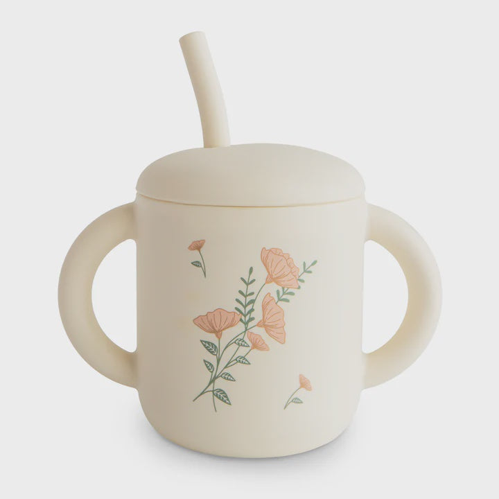 Silicone Training Cup + Straw Pink Flowers