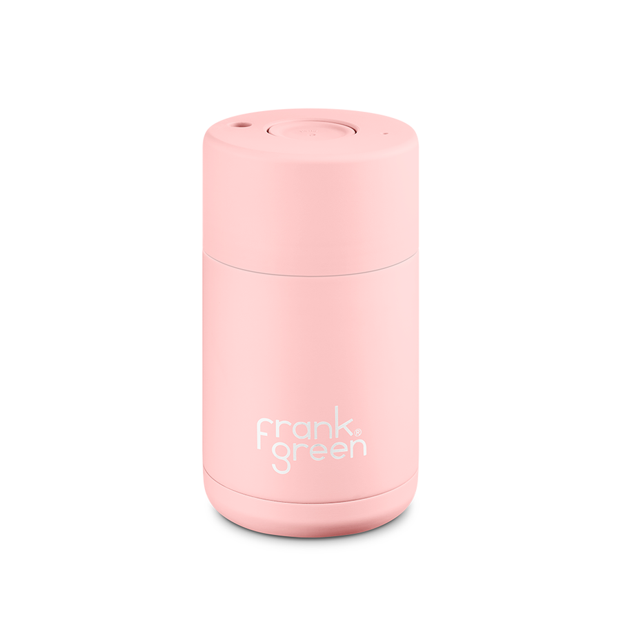 Frank Green reusable insulated coffee cup. Push Lid, 10oz, leakproof, blushed pink