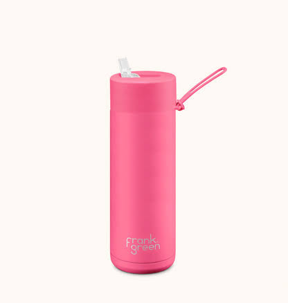 Frank Green Ceramic Reusable Insulated Drink Bottle. 20oz/600ml, Straw Lid, Neon Pink
