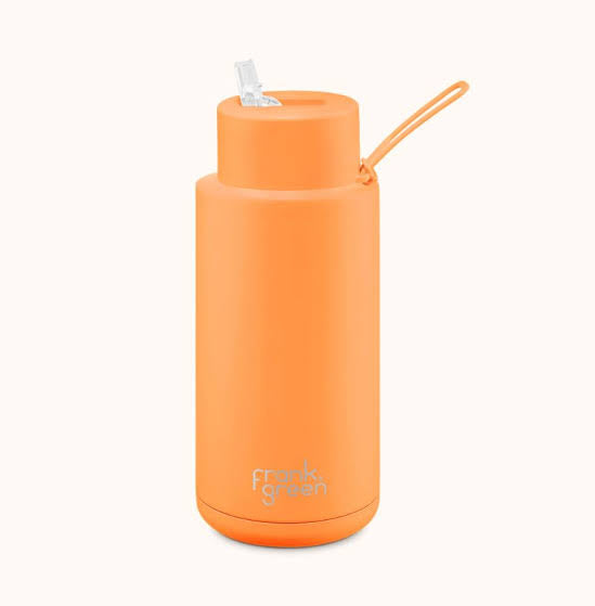 Frank Green Ceramic Reusable Insulated Drink Bottle. 34oz/1L, Straw Lid, Neon Orange