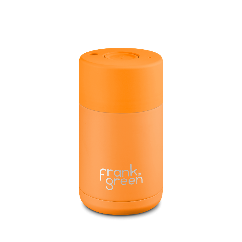 Frank Green reusable insulated coffee cup. Push Lid, 10oz, leakproof, tumeric