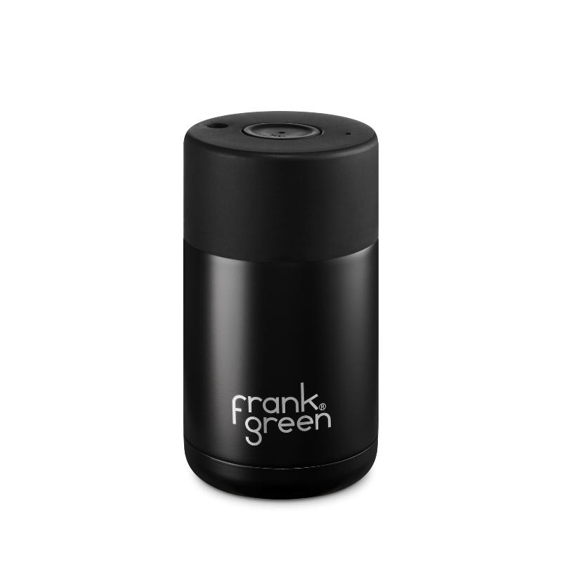 Frank Green reusable insulated coffee cup. Push Lid, 10oz, leakproof, midnight black