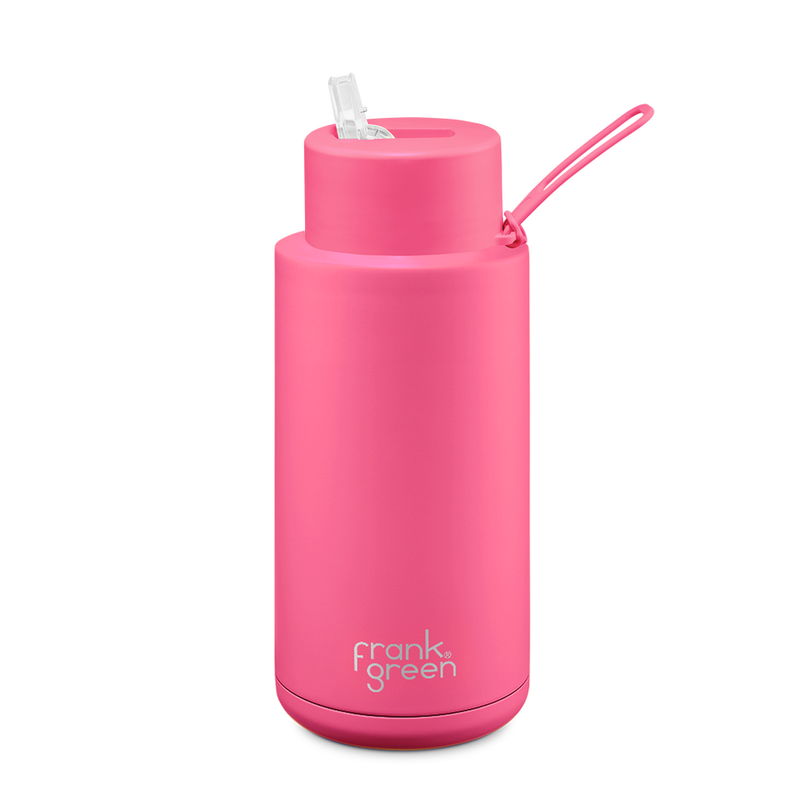 Frank Green Ceramic Reusable Insulated Drink Bottle. 34oz/1L, Straw Lid, Neon Pink