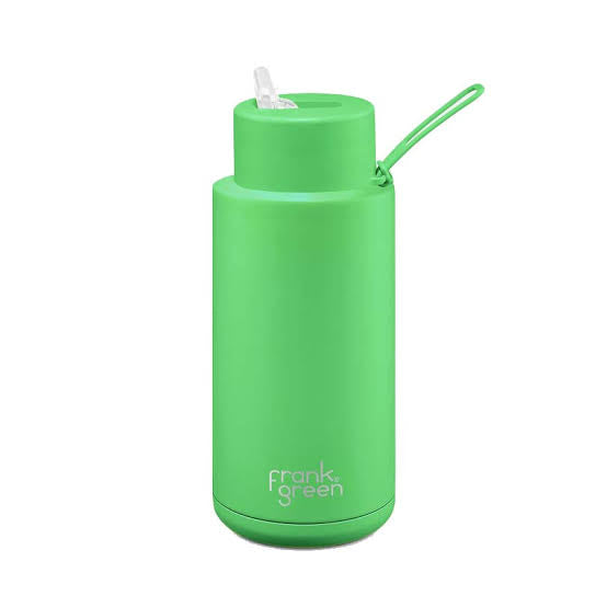 Frank Green Ceramic Reusable Insulated Drink Bottle. 34oz/1L, Straw Lid, Neon green